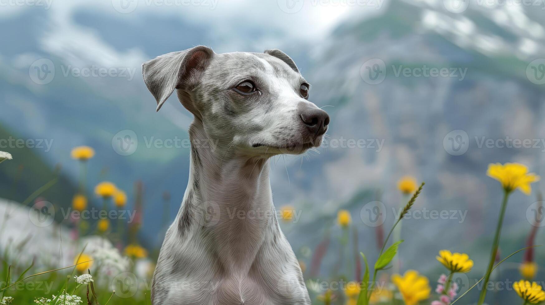 Grey dog standing in a vibrant flower field with mountains in the background, enjoying nature photo