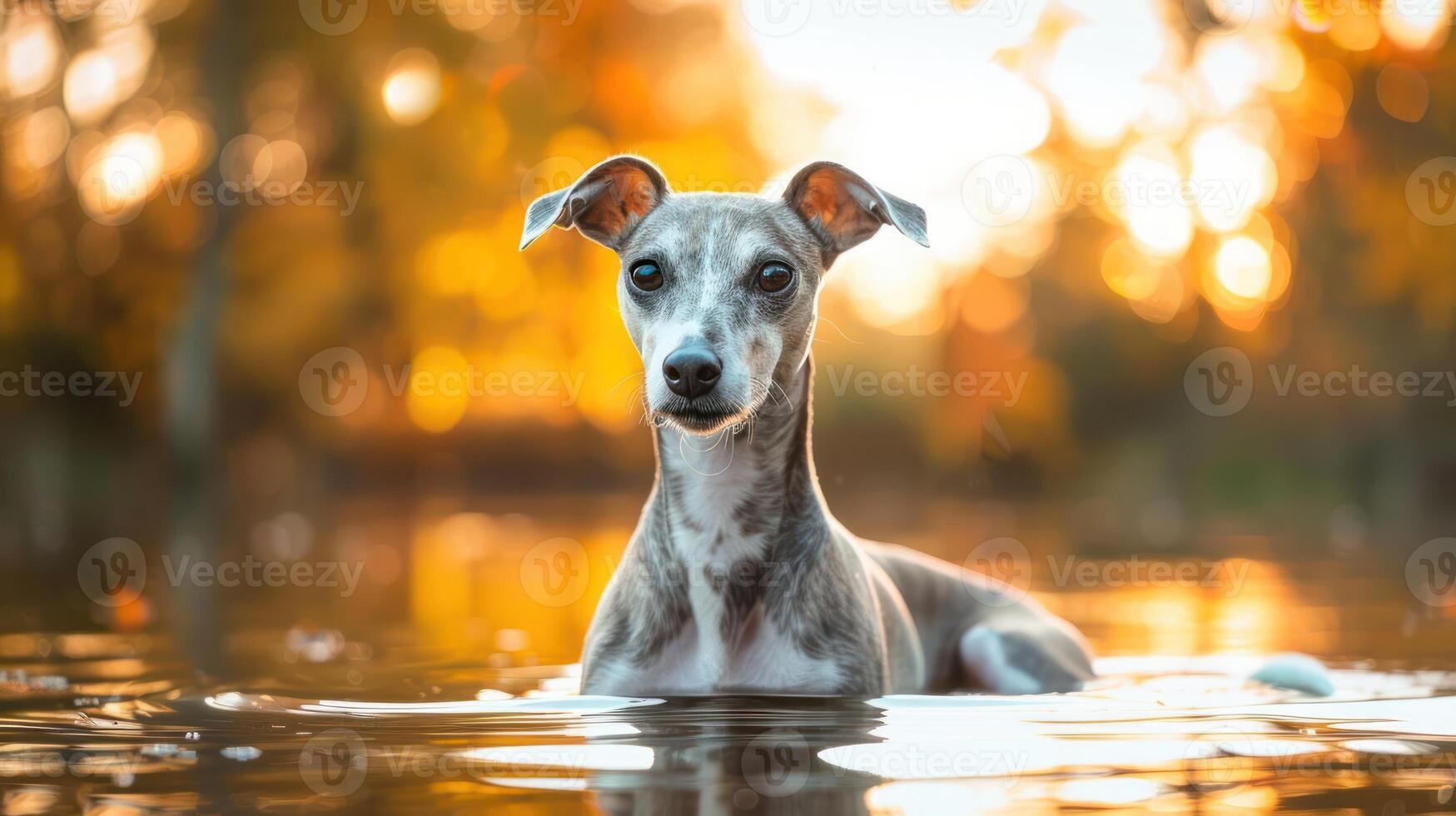 A serene greyhound swimming in a tranquil lake surrounded by vibrant autumn foliage photo