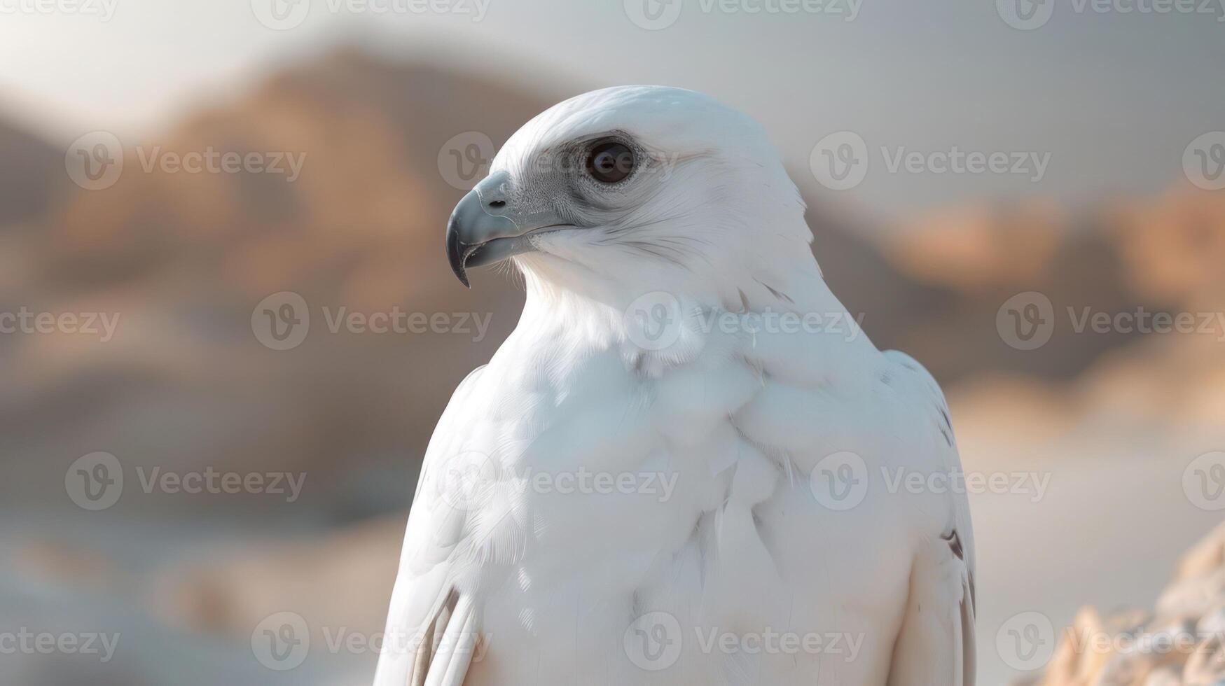 Majestic white falcon perched on a rocky outcrop against a blurred desert landscape backdrop photo