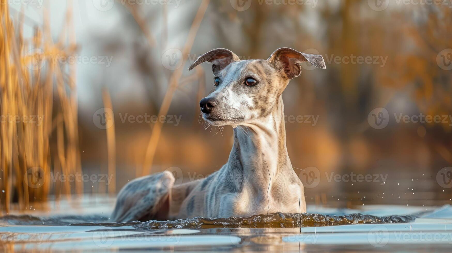 Graceful dog swimming in serene waters surrounded by tall grass and autumn foliage photo