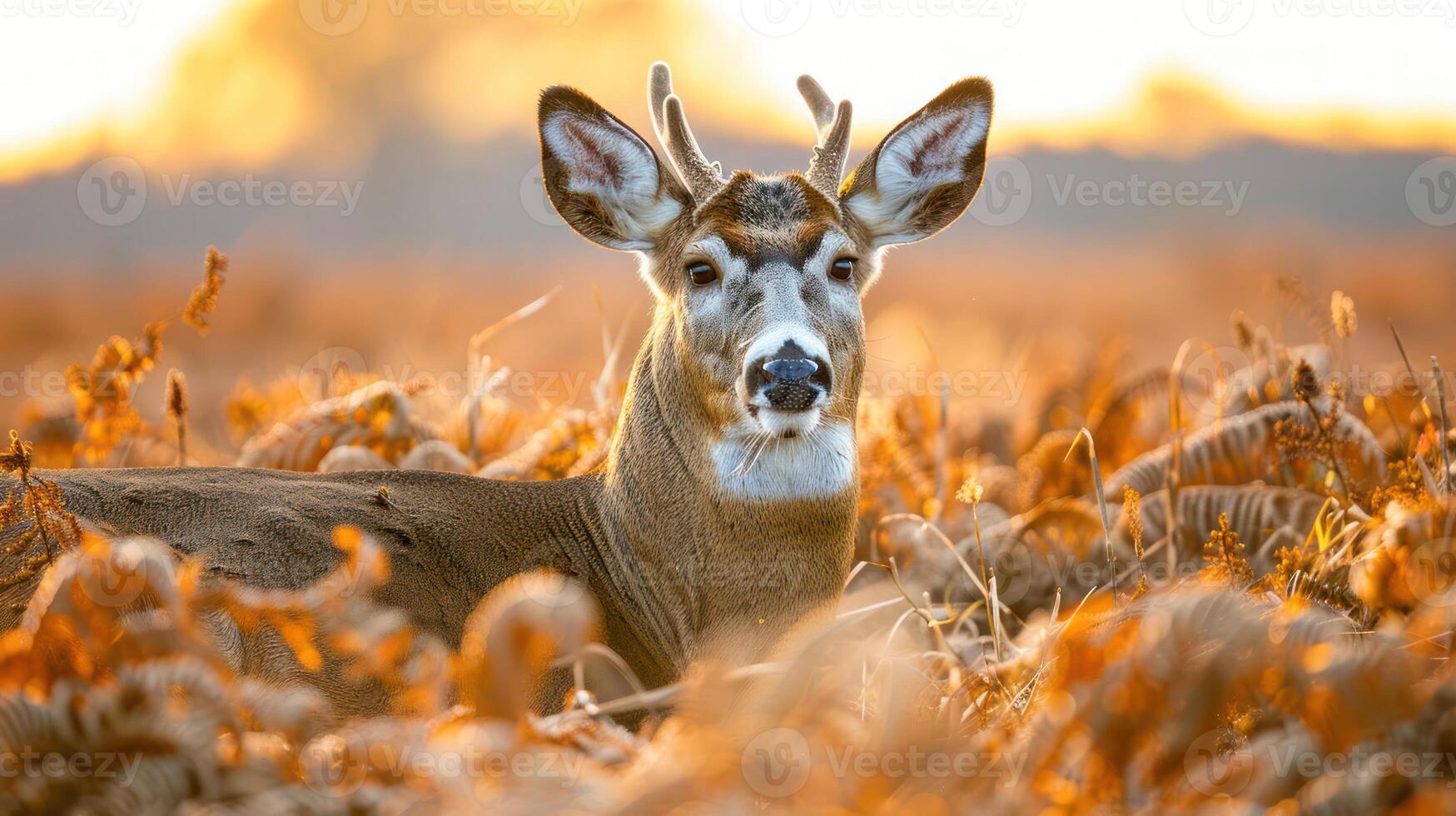 Majestic deer resting amidst golden ferns at sunset, showcasing serene wildlife in nature photo