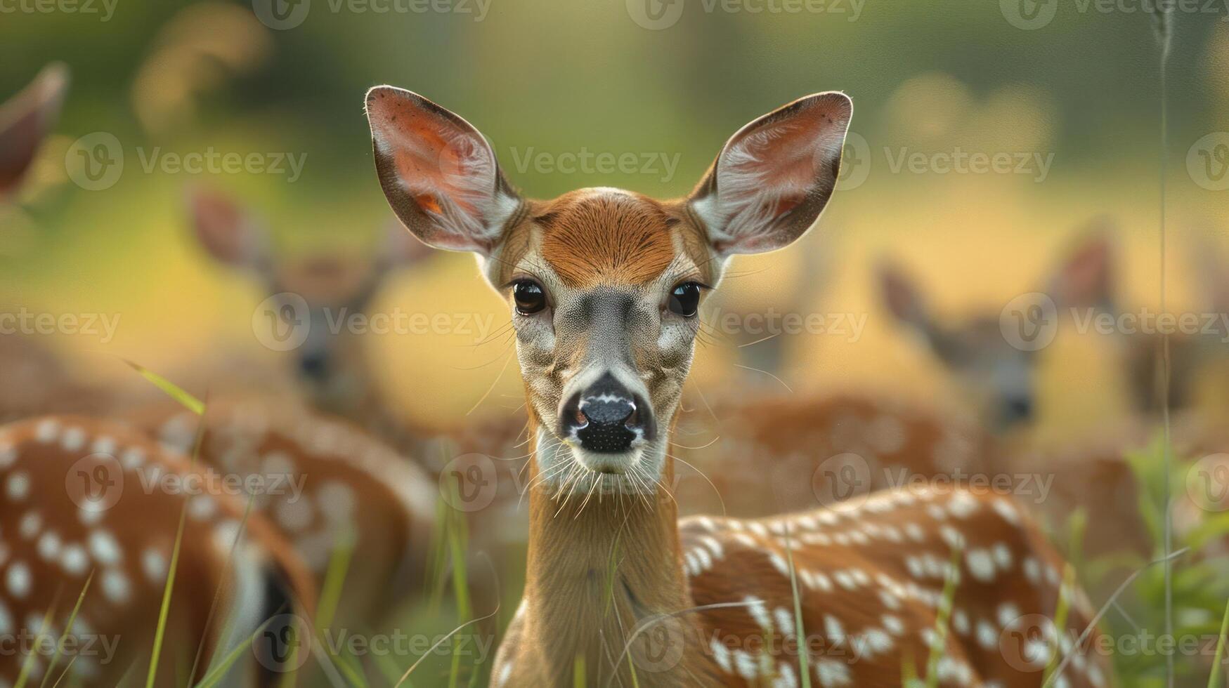 A serene scene of a young deer in a lush meadow surrounded by its herd, basking in golden sunlight photo