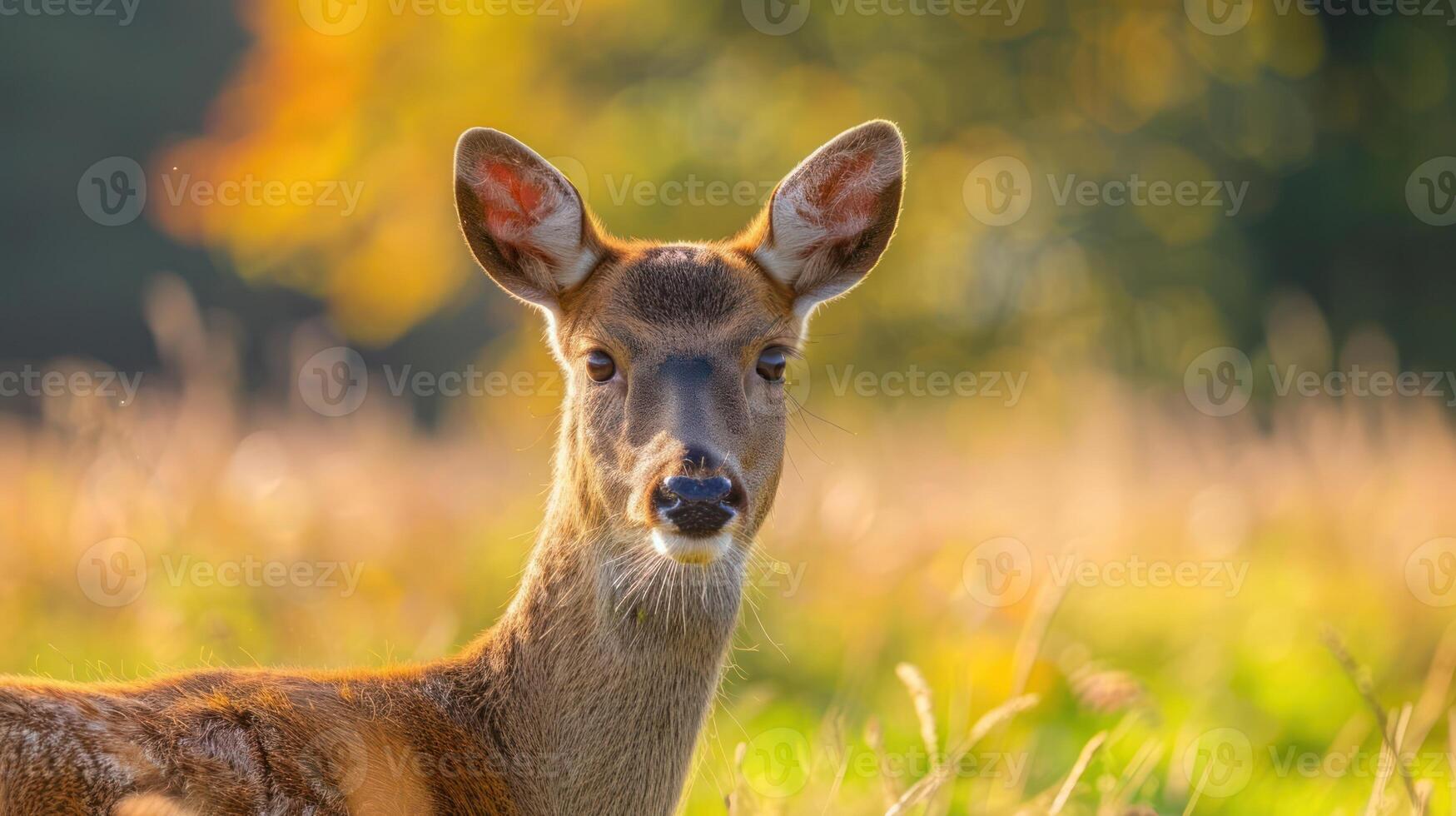 Close-up of a deer gazing curiously in a vibrant autumn landscape with blurred foliage photo