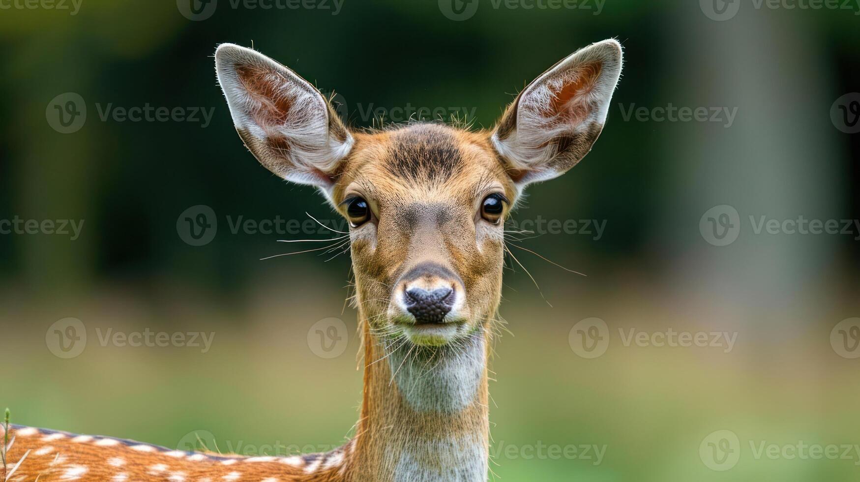 Close-up portrait of a serene deer in a lush forest, showcasing its delicate features and calm demeanor photo