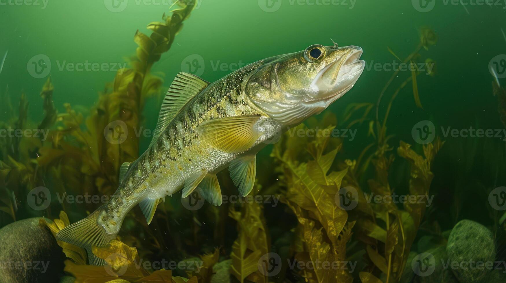 Underwater scene featuring a fish swimming among lush aquatic plants in a serene environment photo