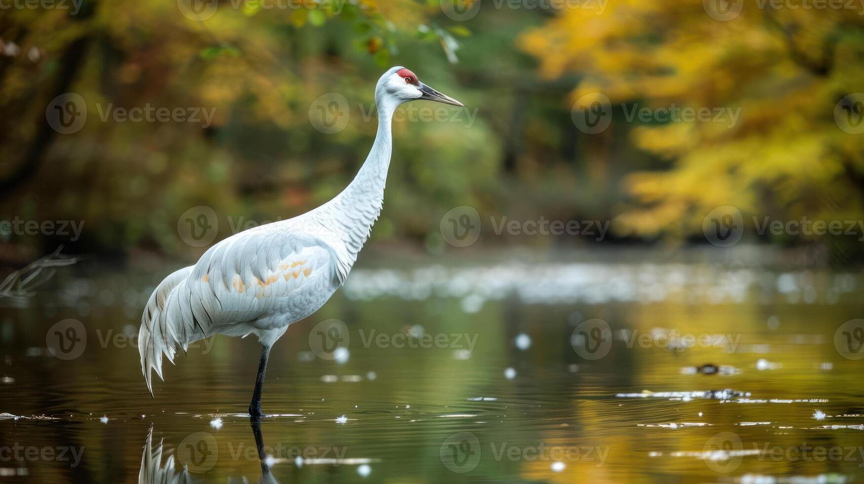 Elegant crane standing in serene water surrounded by autumn foliage reflecting in the lake photo