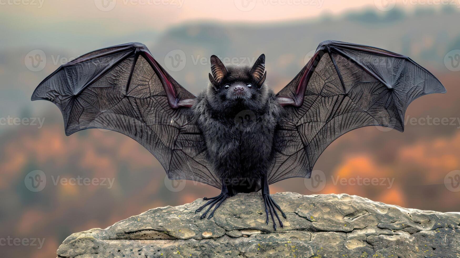 Majestic bat perched on a rocky ledge, showcasing its wings against a blurred autumn landscape photo