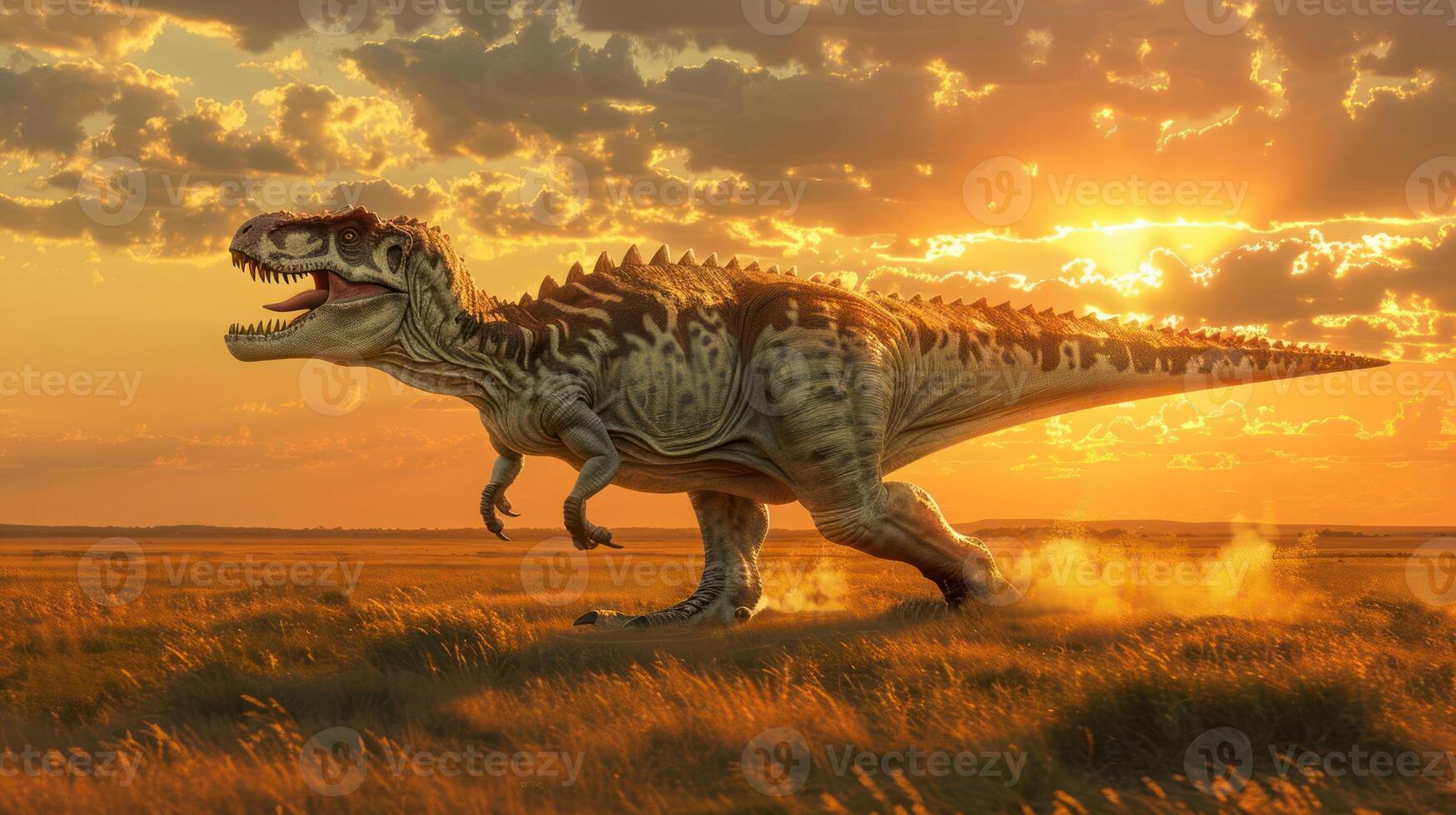 A roaring dinosaur in a vibrant sunset, running across a grassy landscape with clouds photo