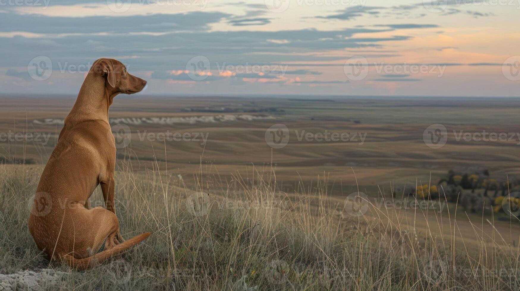 A contemplative dog gazes over a vast prairie landscape at sunset, capturing serene nature beauty photo