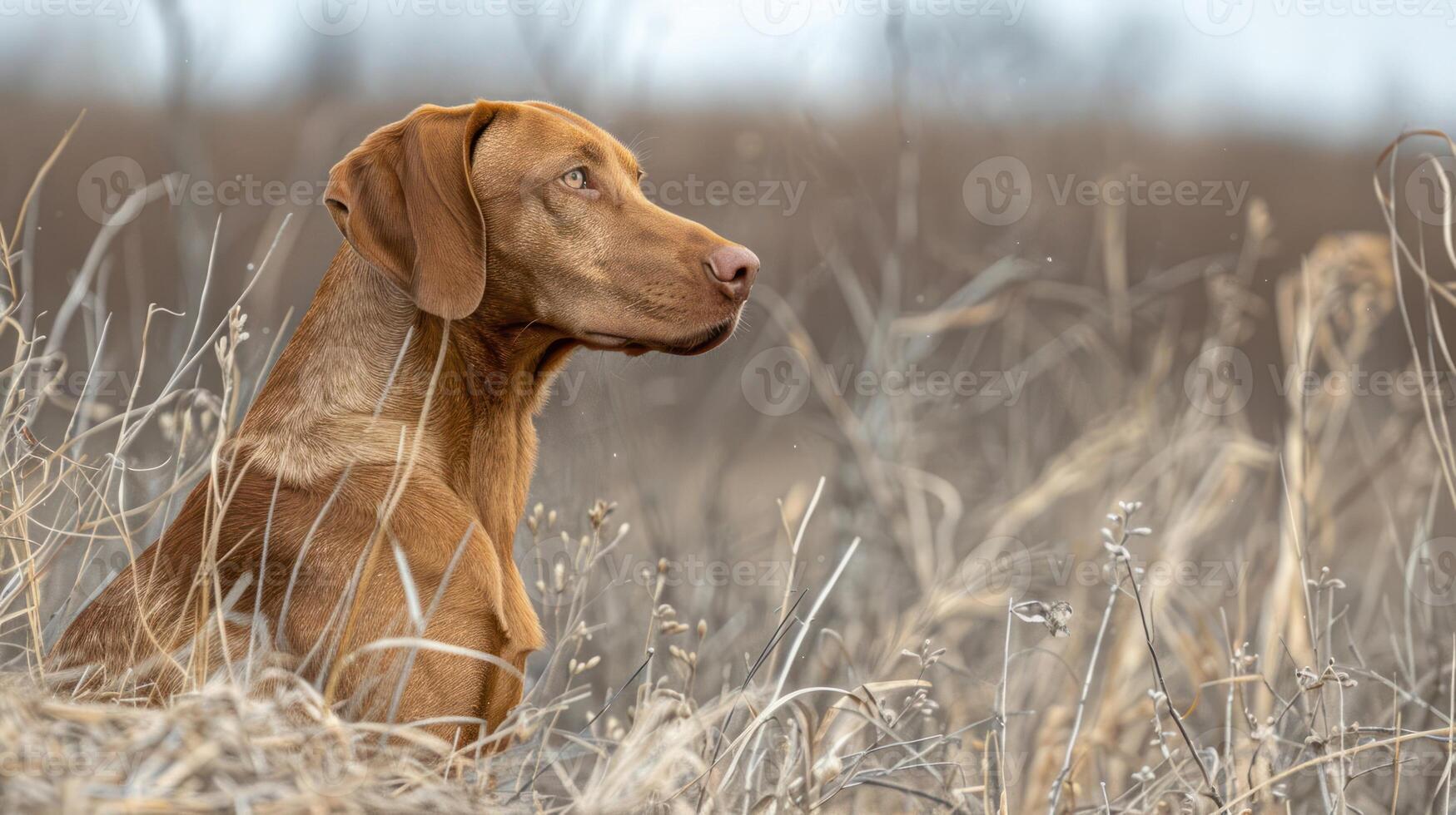 A brown dog sits attentively in a field of dry grass, observing the serene landscape around photo
