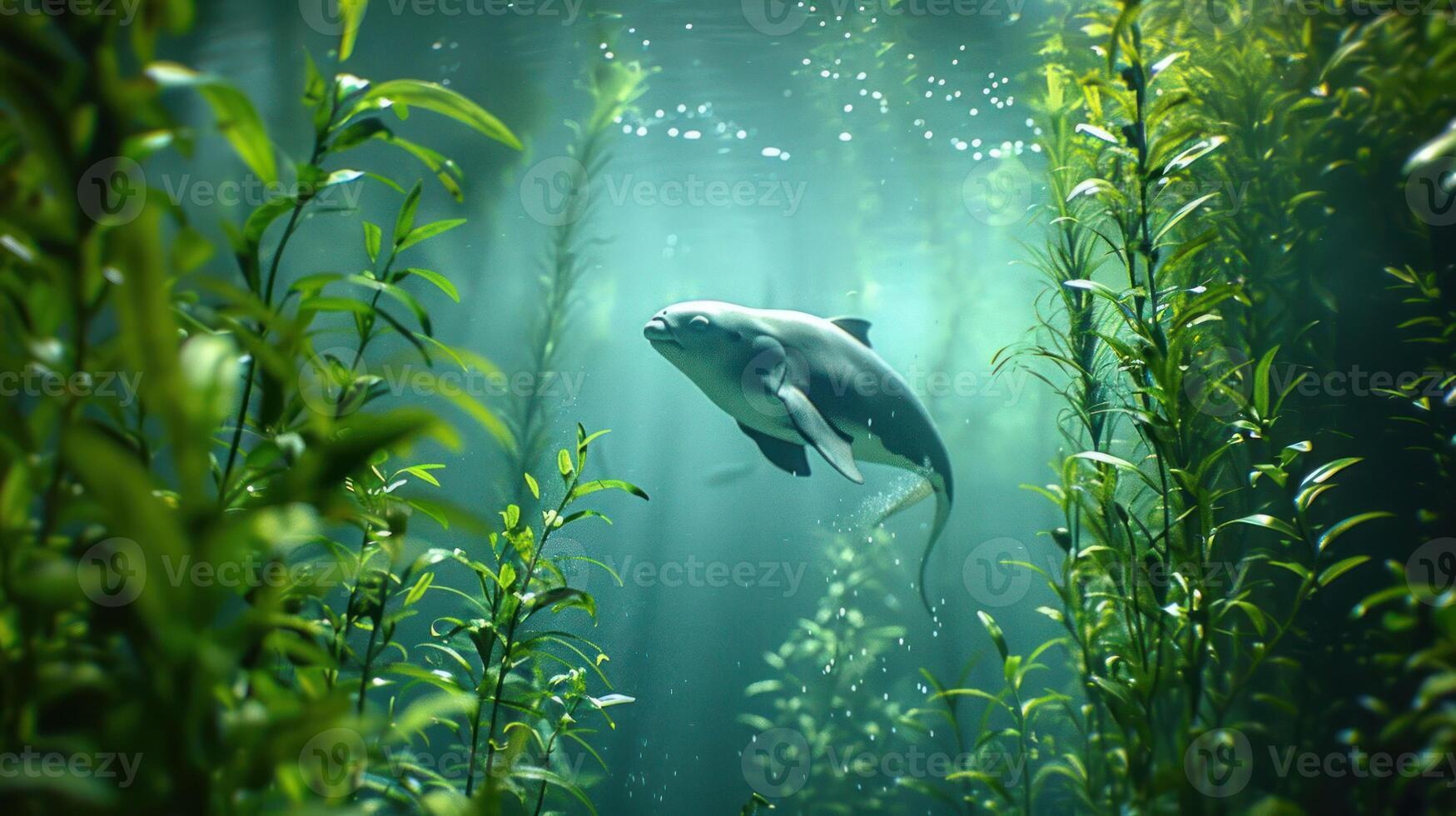 A serene underwater scene featuring a lone fish swimming gracefully among vibrant aquatic plants photo