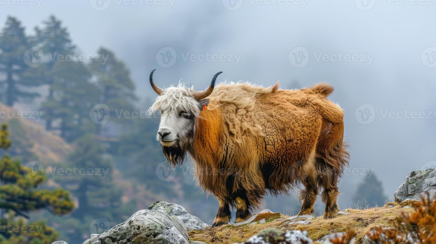 Majestic yak standing on rocky terrain in misty mountains, showcasing serene nature and wildlife photo