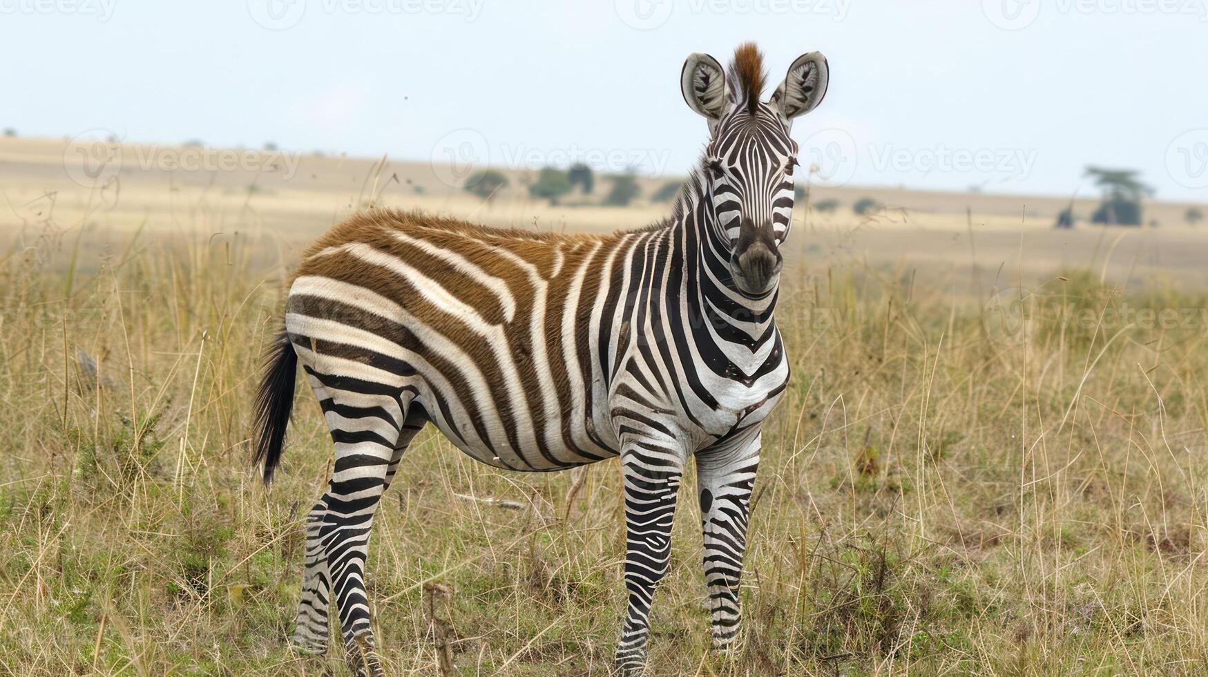 A solitary zebra stands in a grassy savanna, with distant trees under a clear sky photo