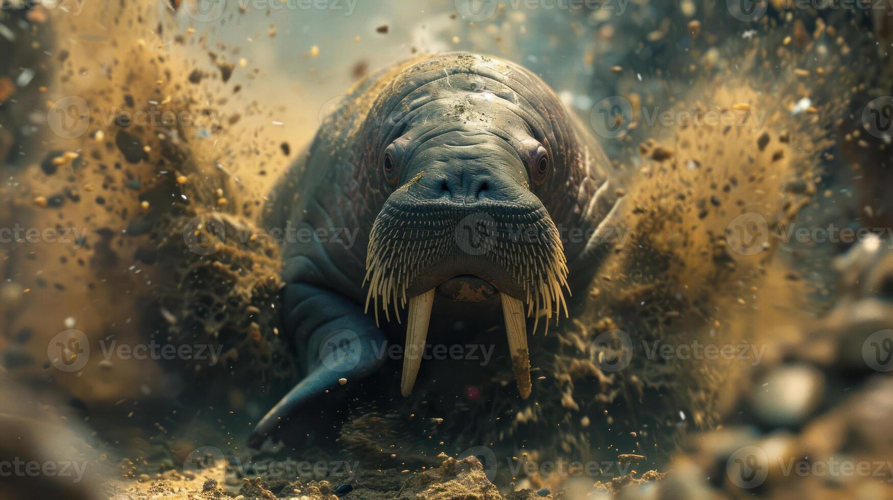 A walrus emerging from the ocean floor, creating splashes of sand and water in a dynamic underwater scene photo