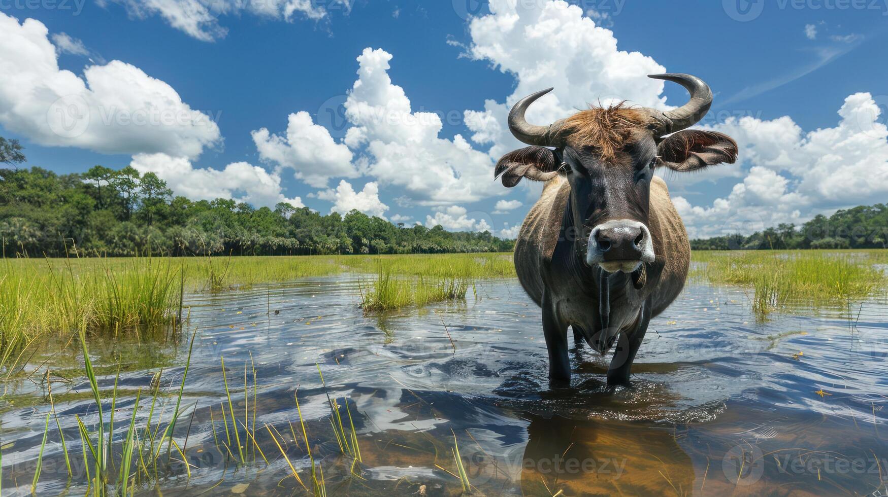 A solitary cow wades through a serene wetland under a bright blue sky with clouds photo