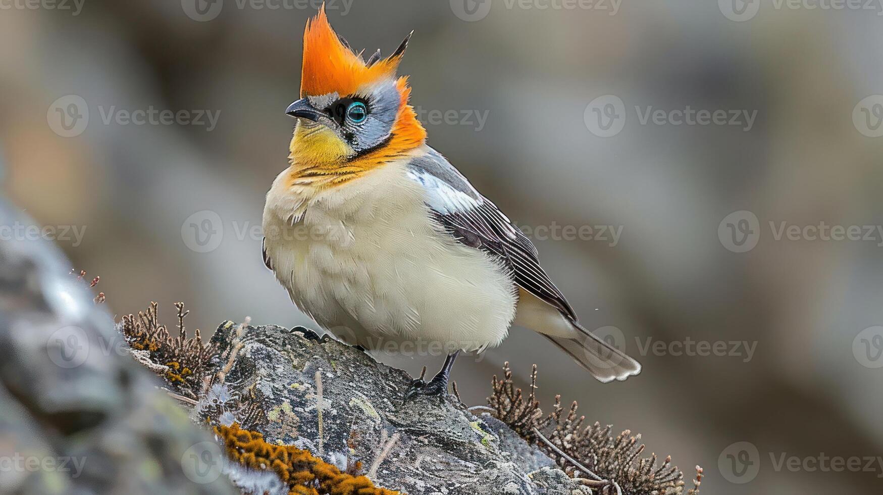 Colorful bird perched on rocky terrain, showcasing vibrant plumage against a blurred background photo