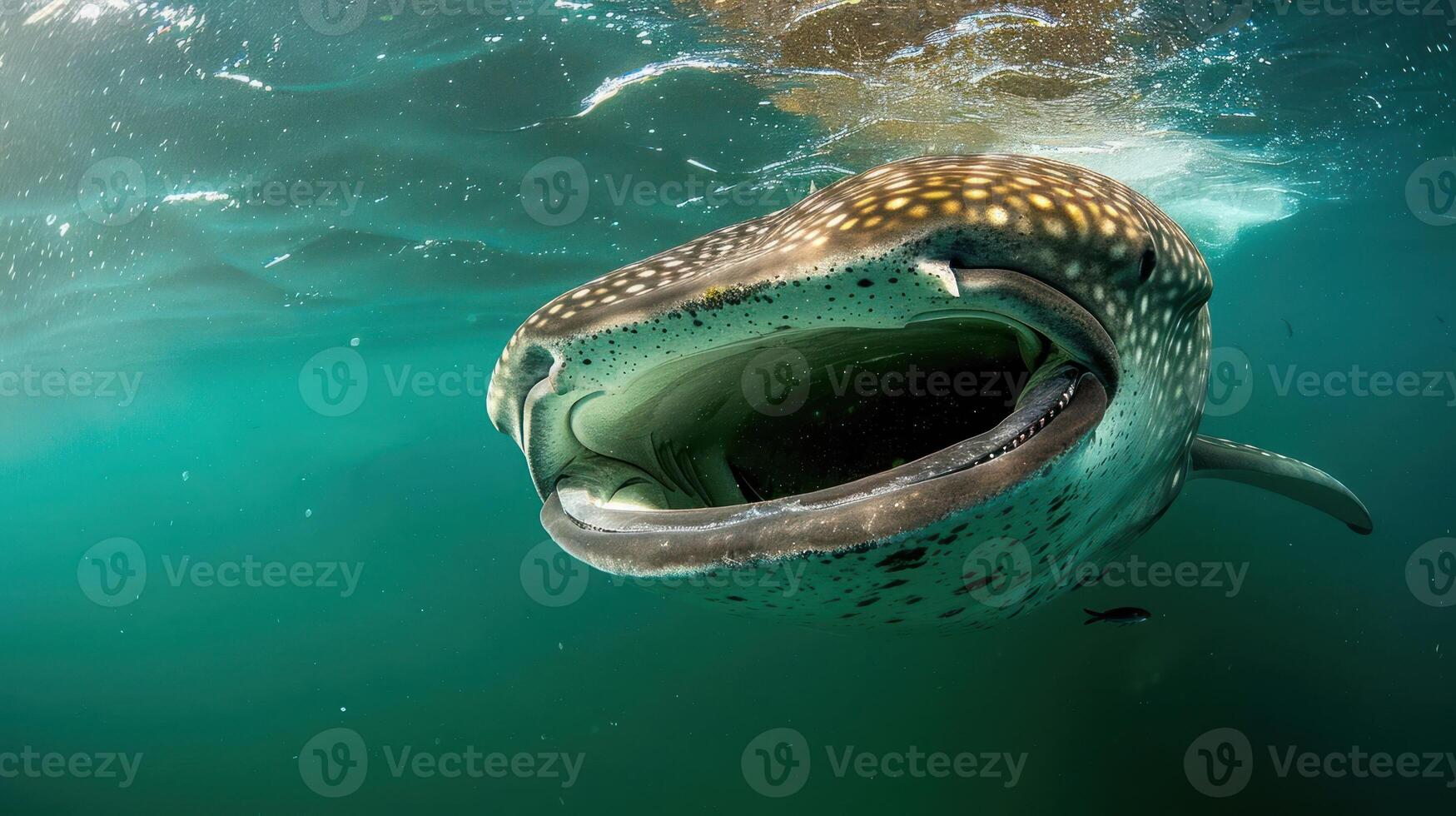 Majestic whale shark swimming gracefully with mouth open in clear ocean waters photo