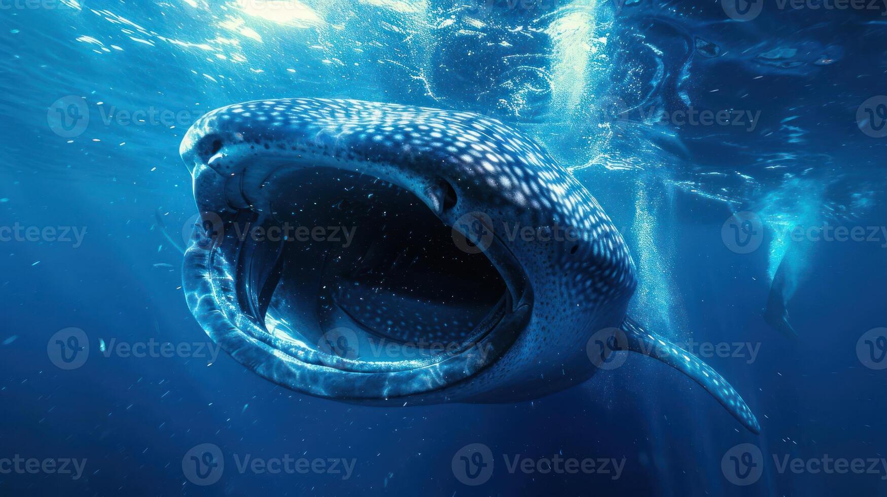 Majestic whale shark swimming gracefully in deep blue ocean waters, surrounded by bubbles and light photo