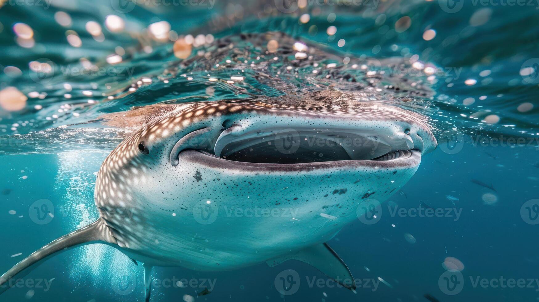 Close-up of a whale shark swimming gracefully in clear blue waters, surrounded by small fish photo