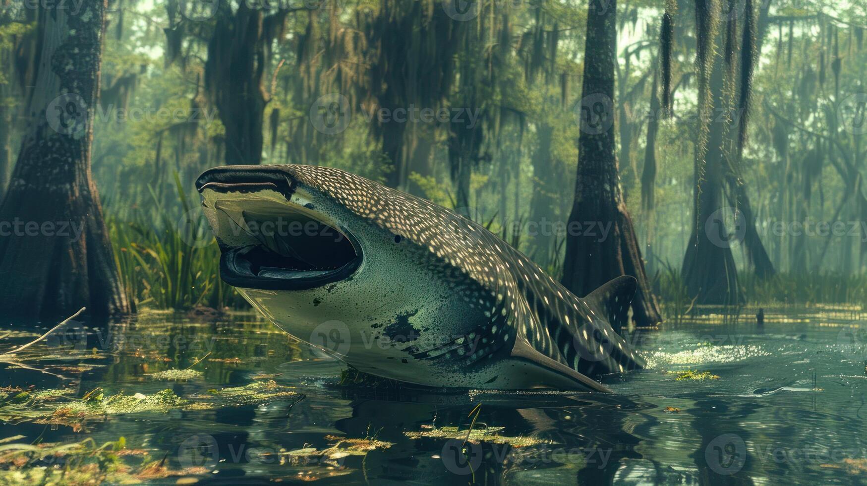 A large fish swimming through a lush swamp with trees and moss in the background, showcasing nature photo