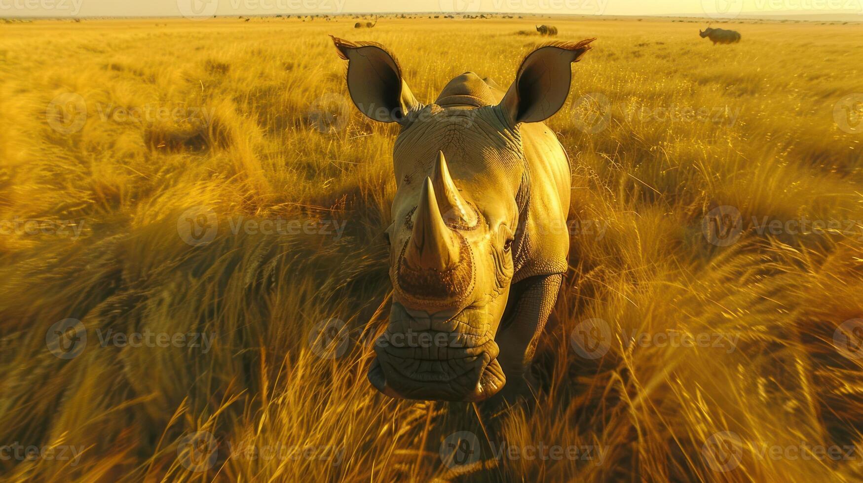 Close-up of a rhinoceros in golden grasslands during sunset, showcasing wildlife in nature photo