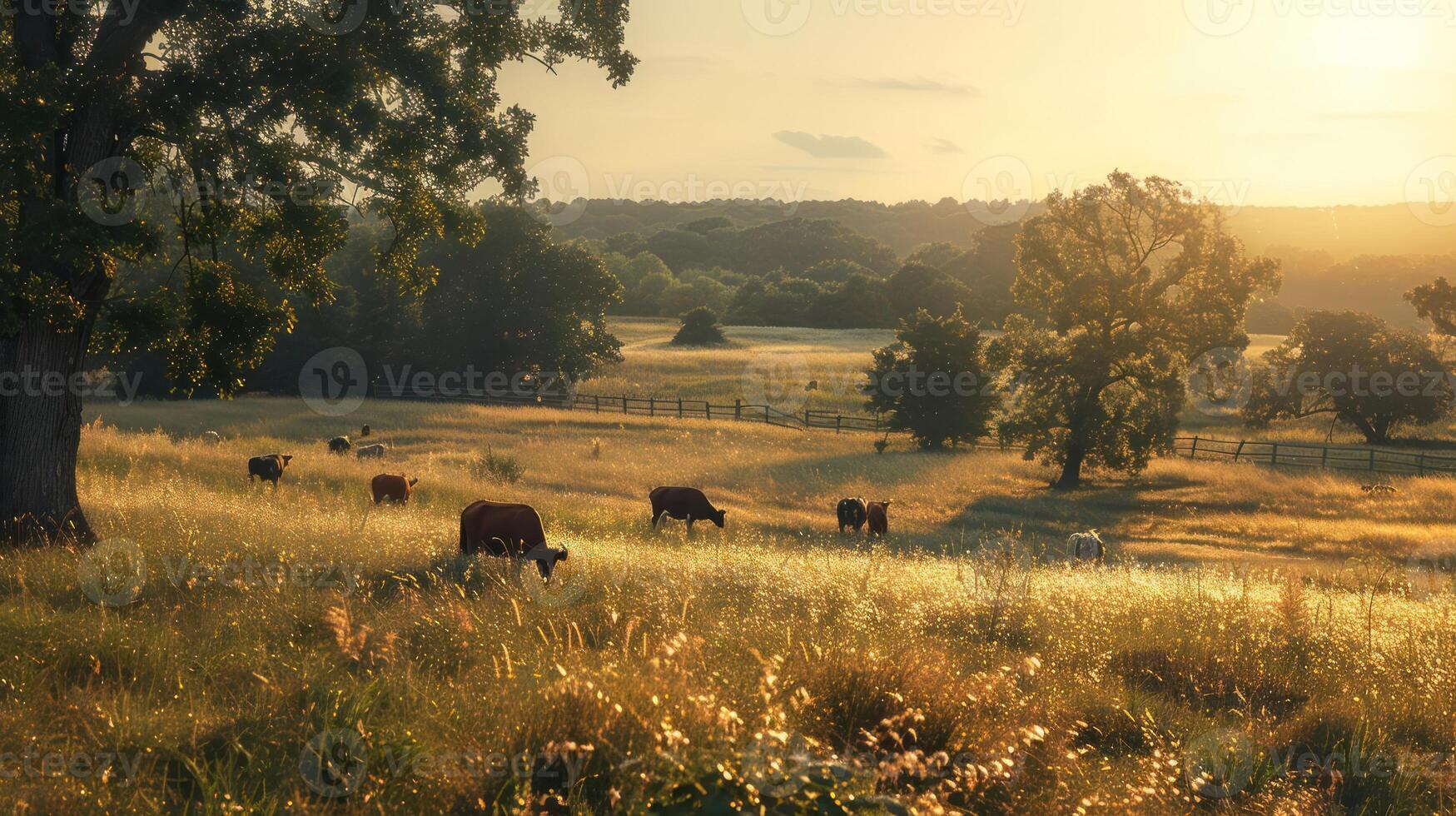 Cows Grazing in a Serene Pasture at Sunset with Lush Greenery and Rolling Hills in the Background photo