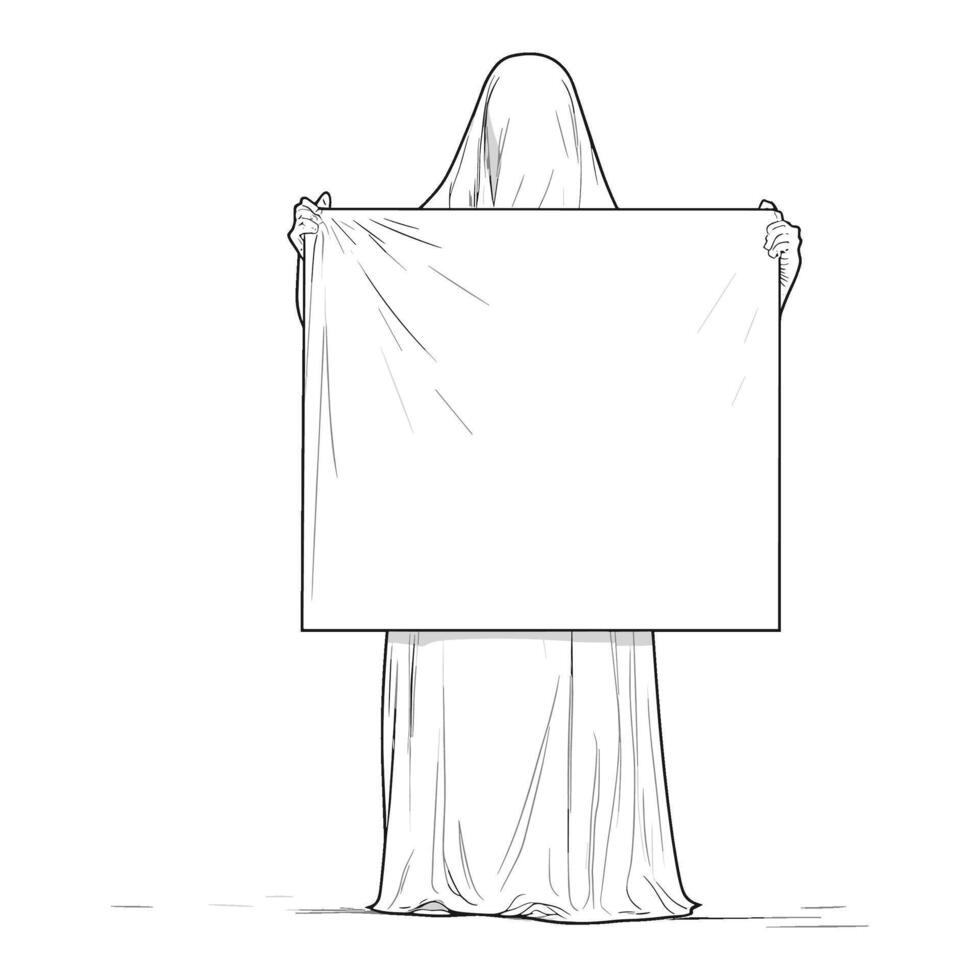 Person Holding a Blank Poster from Behind in Line Art Style vector