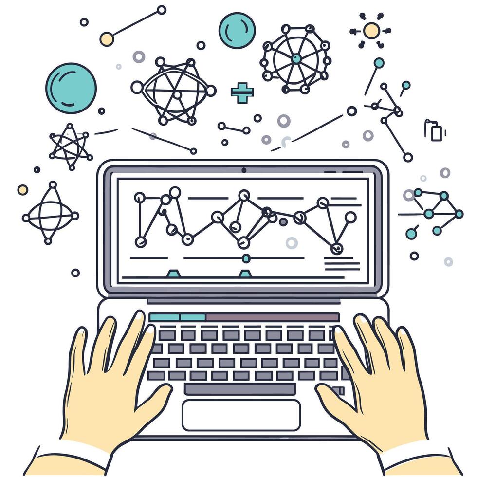 Hands Using Laptop with Financial Charts and Analytics vector