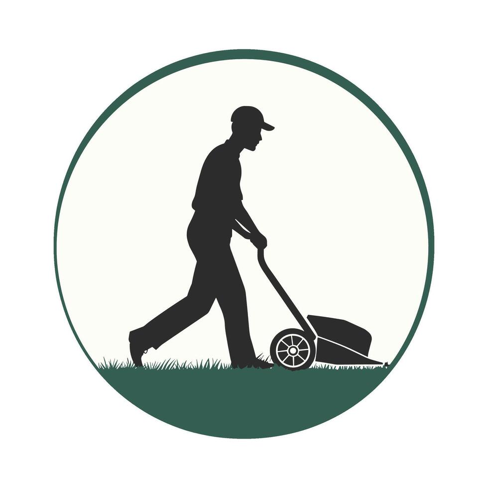 Silhouette of Person Pushing Lawn Mower in Black and White vector