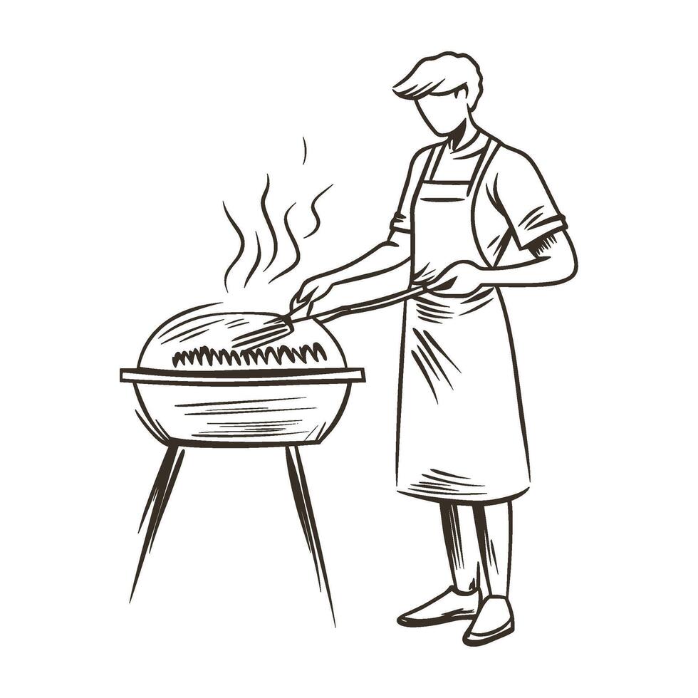 Man Grilling Food on Barbecue Grill in Minimalist Style vector