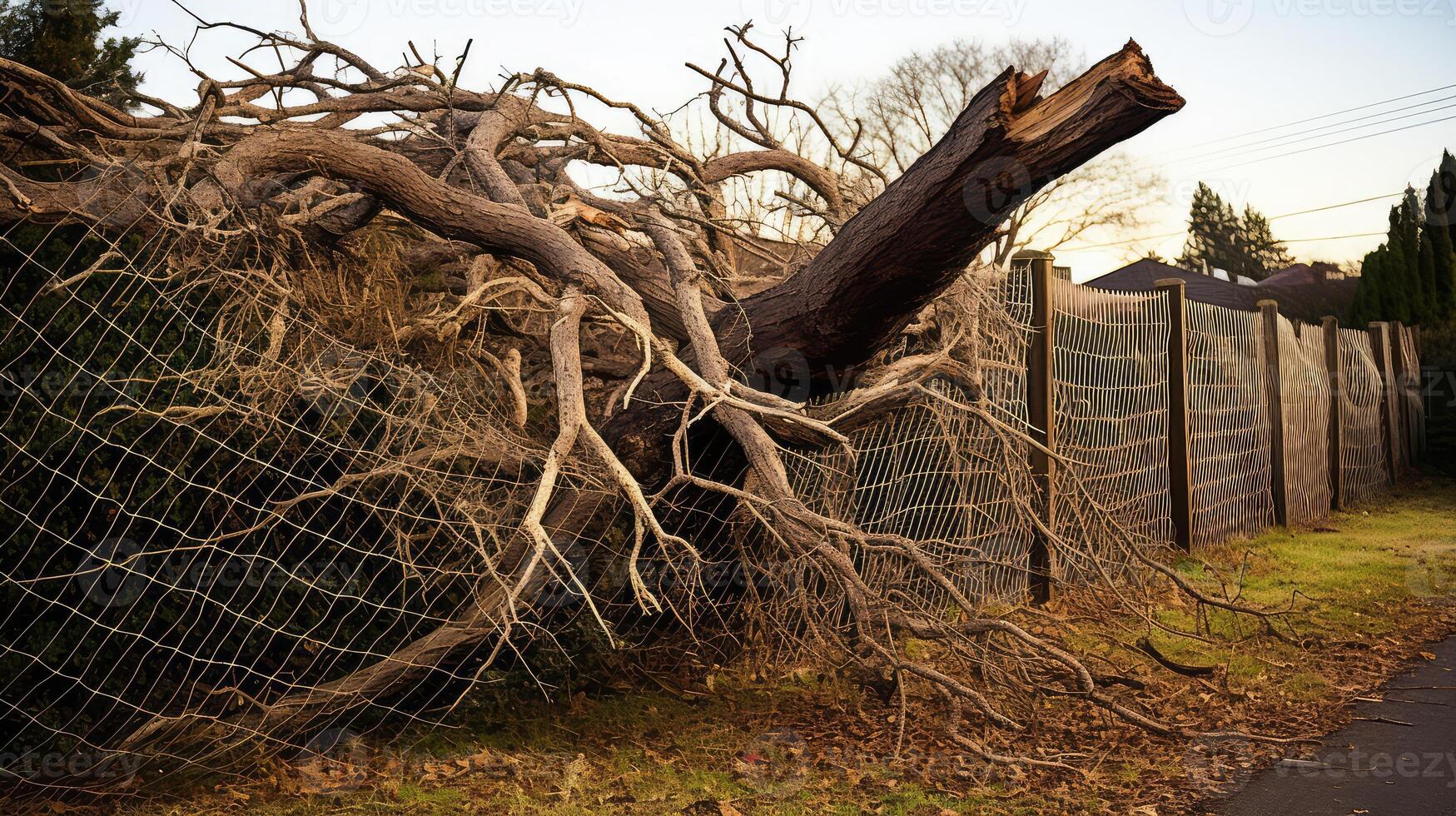 danger fallen tree on fence photo