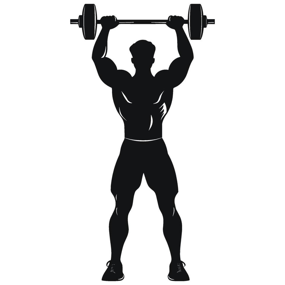 Silhouette of a Man Lifting Dumbbells Overhead in a Strength Pose vector
