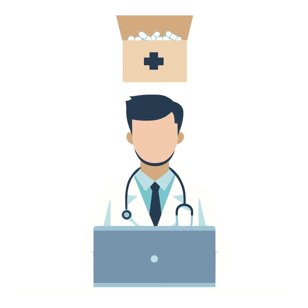 Doctor with Laptop and Nurse Cap Icon in Minimalist Style vector