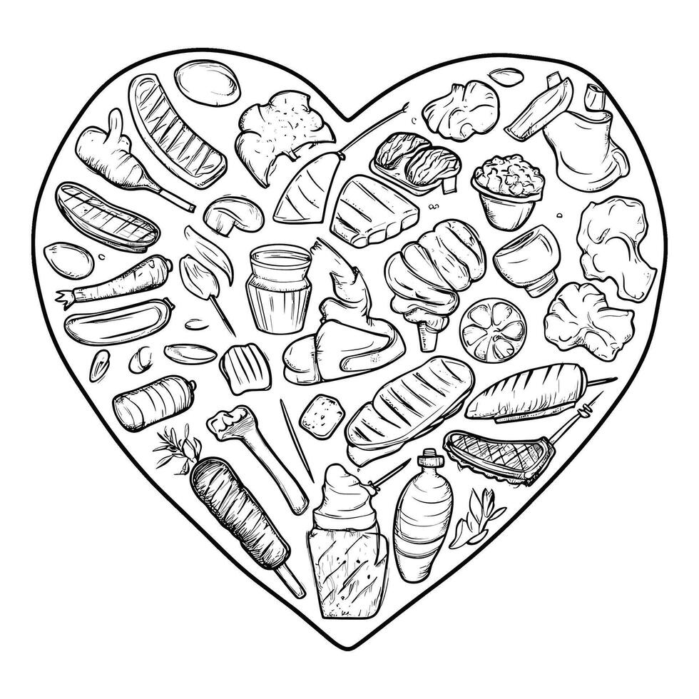 Heart Shape with Fast Food Doodles in Line Art vector