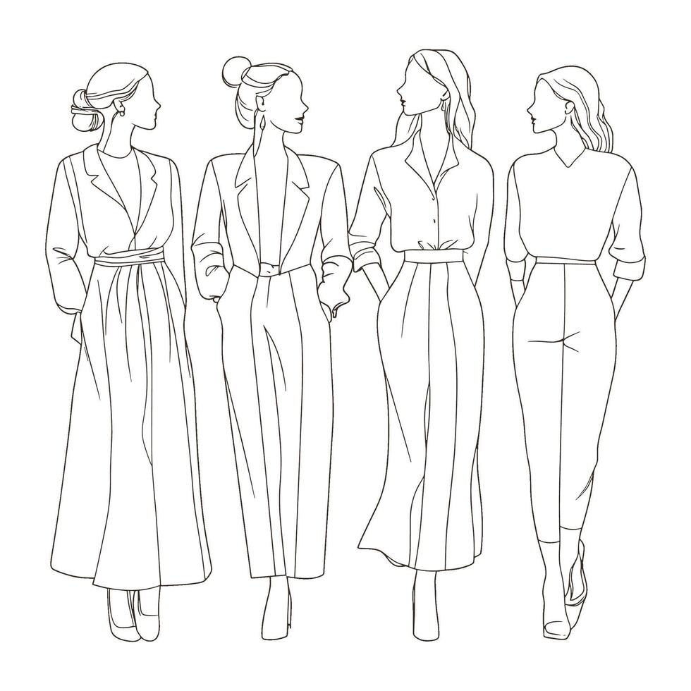 Outline of Women in Long Traditional Dresses with Tied Bows vector