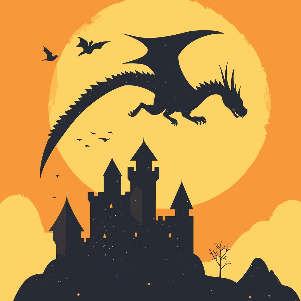 Dragon Silhouette Flying Over a Castle in a Mystical Scene vector