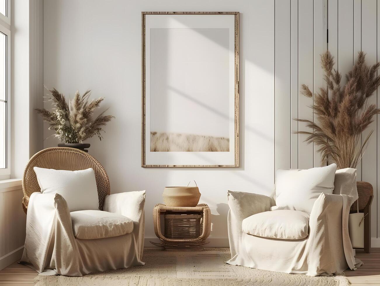 Two chairs in a room with a large mirror photo