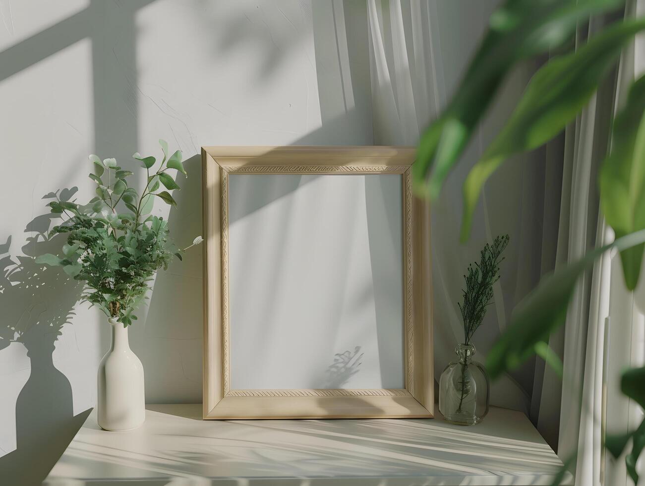 A white table with a vase of flowers and a framed mirror photo