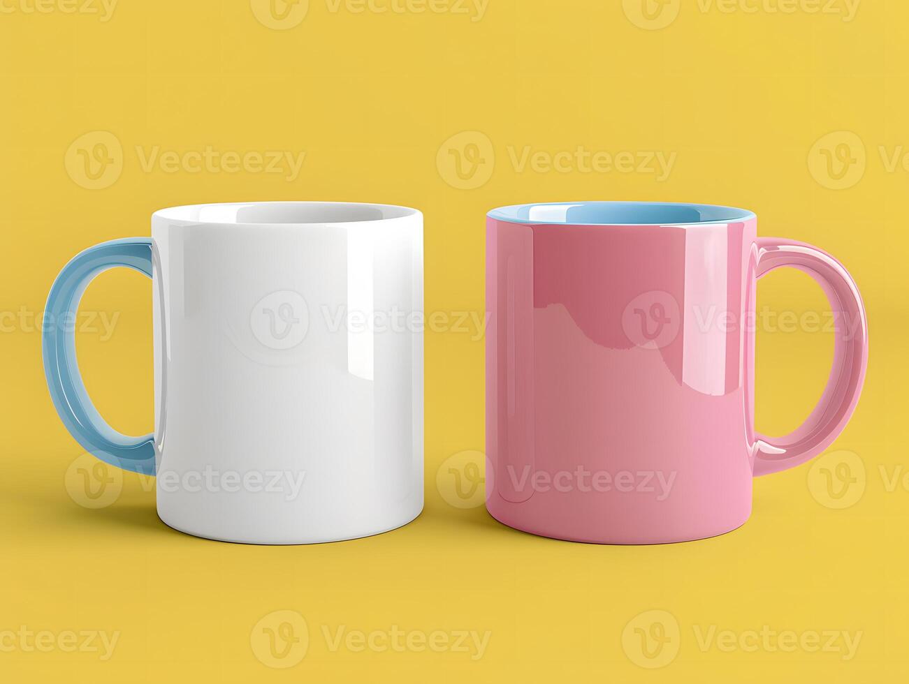 Two mugs on a yellow background with white and pink photo