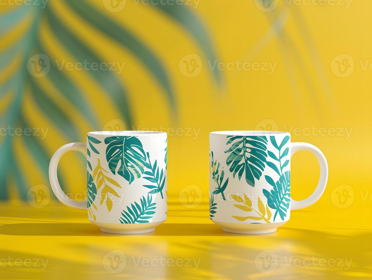 Two coffee mugs with tropical leaves on a yellow background photo