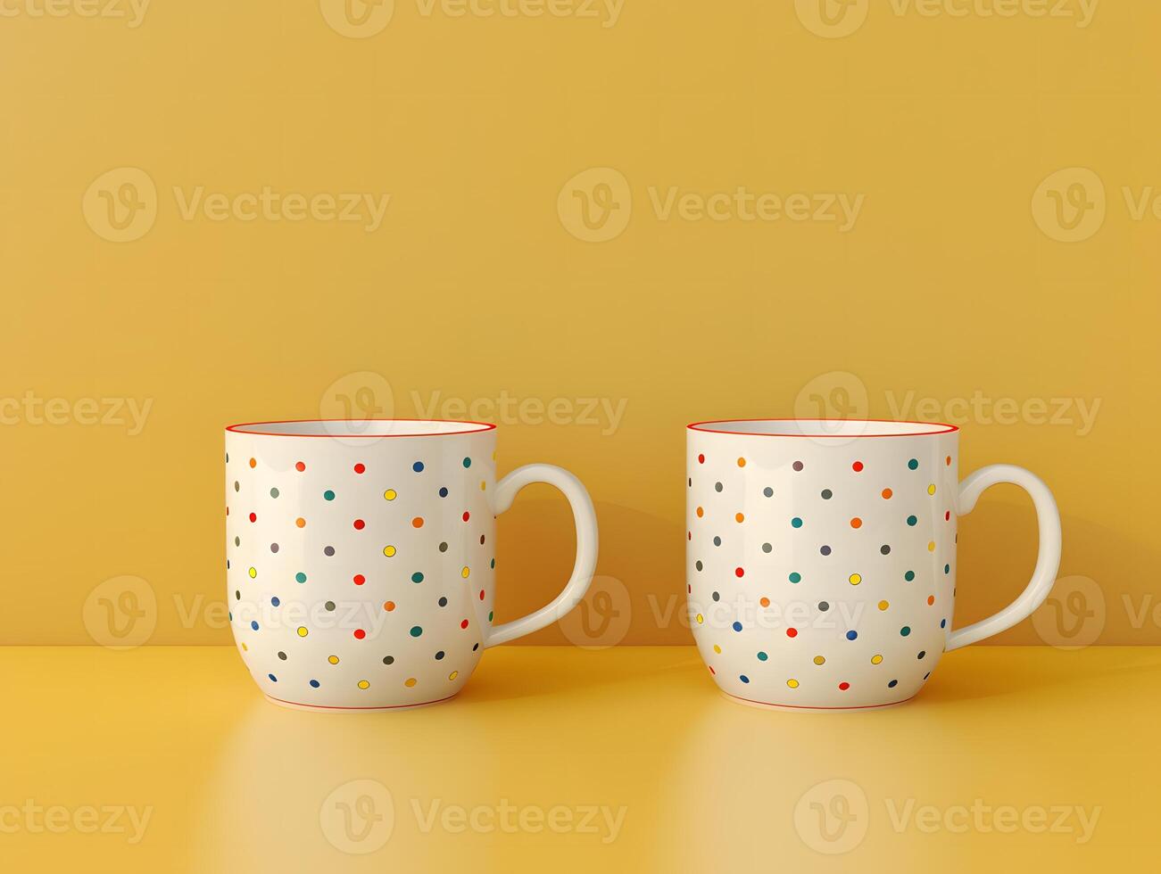 Two coffee cups with polka dots on a yellow background photo