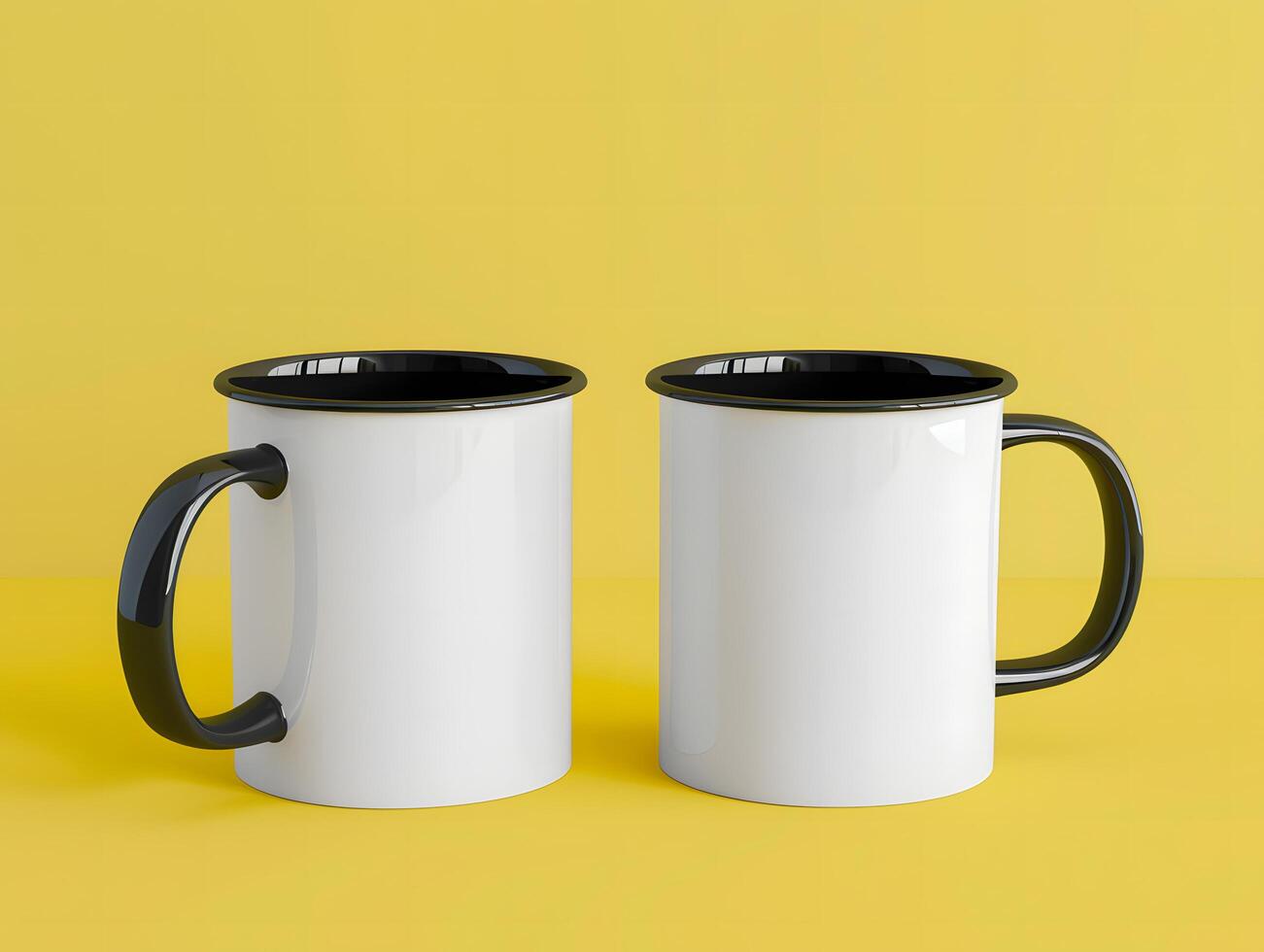 Two white and black mugs mockup on yellow background photo