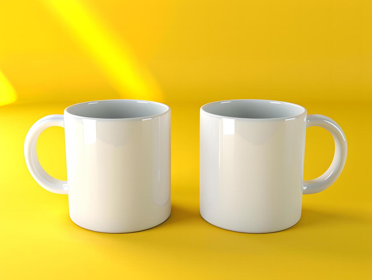 Two white coffee mugs on a yellow background photo