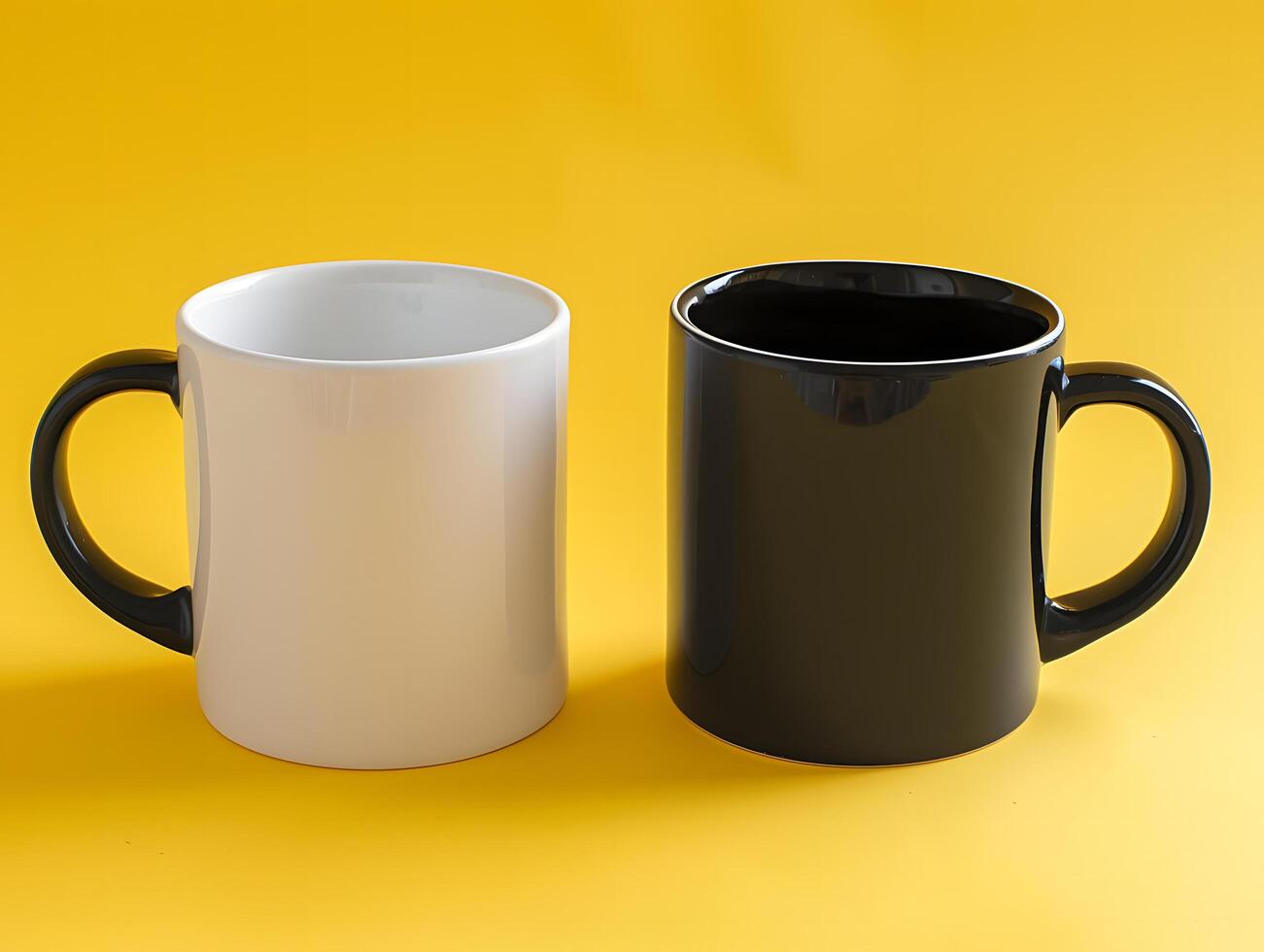 Two black and white mugs on a yellow background photo