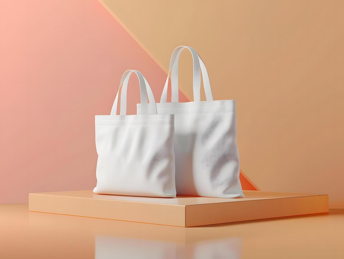 Two white bags on a table with a pink background photo