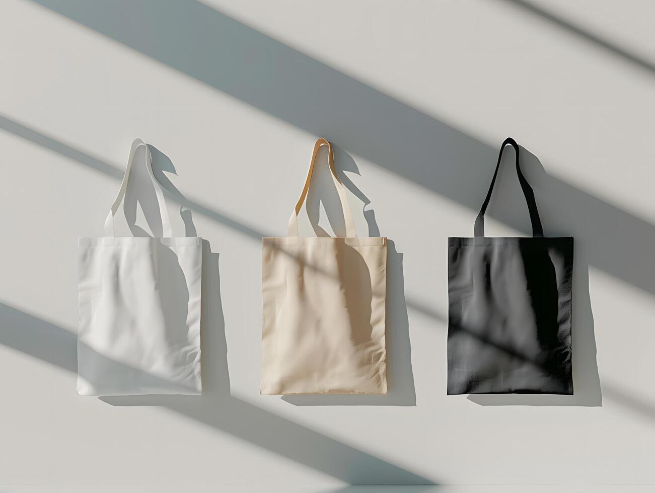 Three tote bags hanging on a wall photo