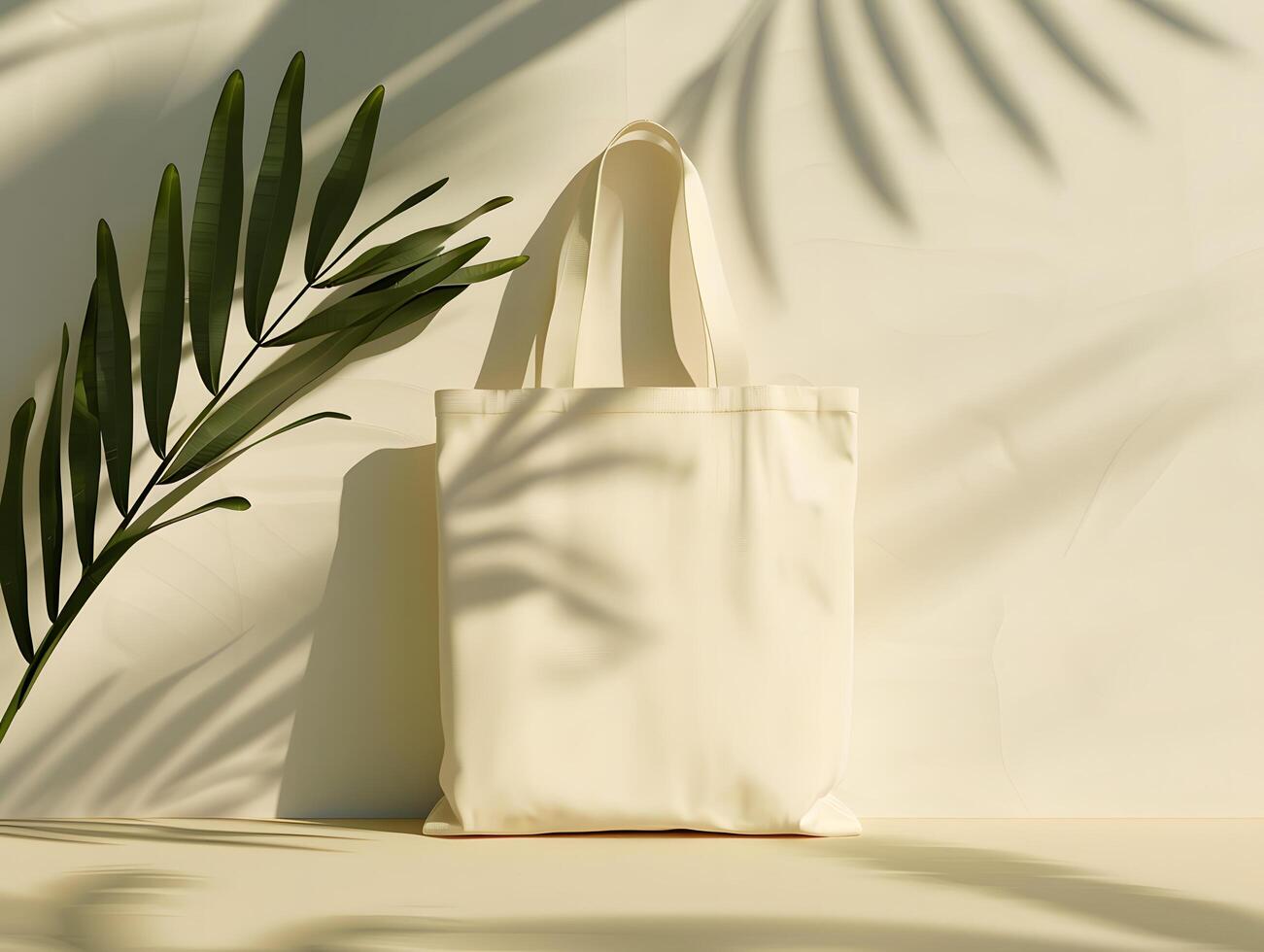 A white tote bag and palm leaves on a white surface photo