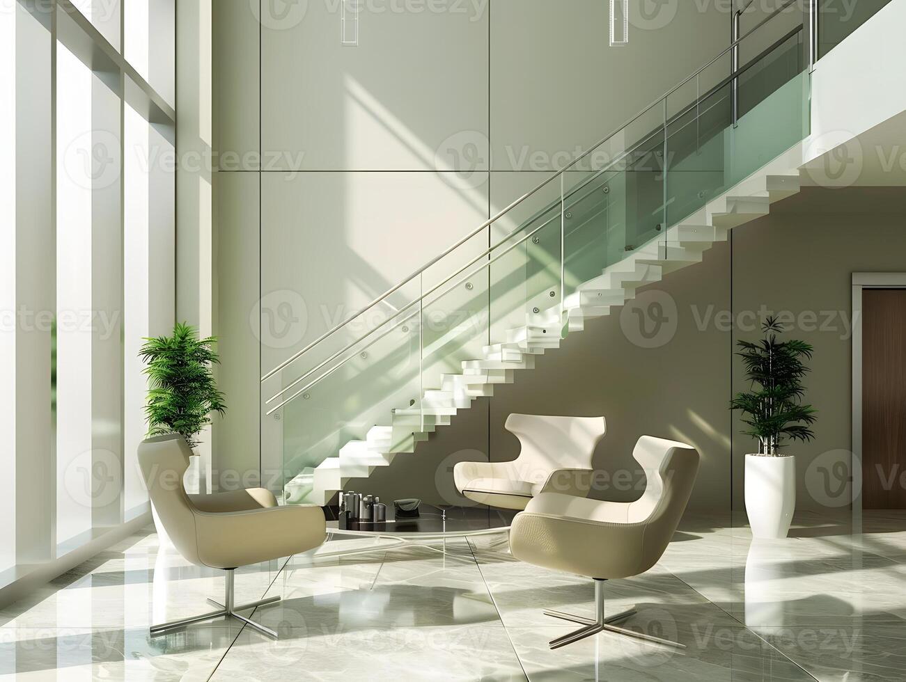 Modern office lobby with stairs and chairs photo