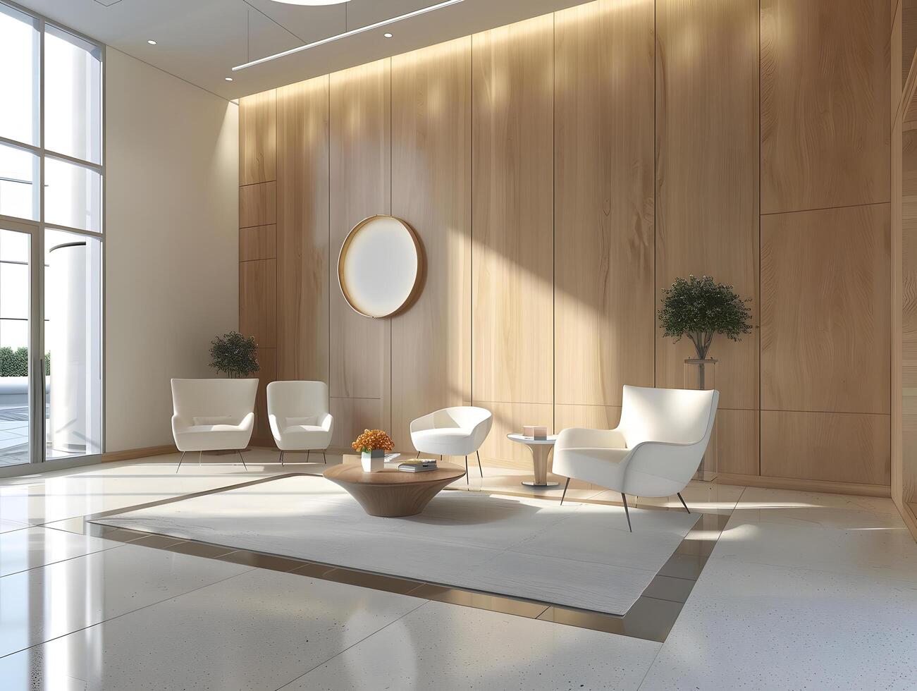 A modern office lobby with wooden paneling and white chairs photo