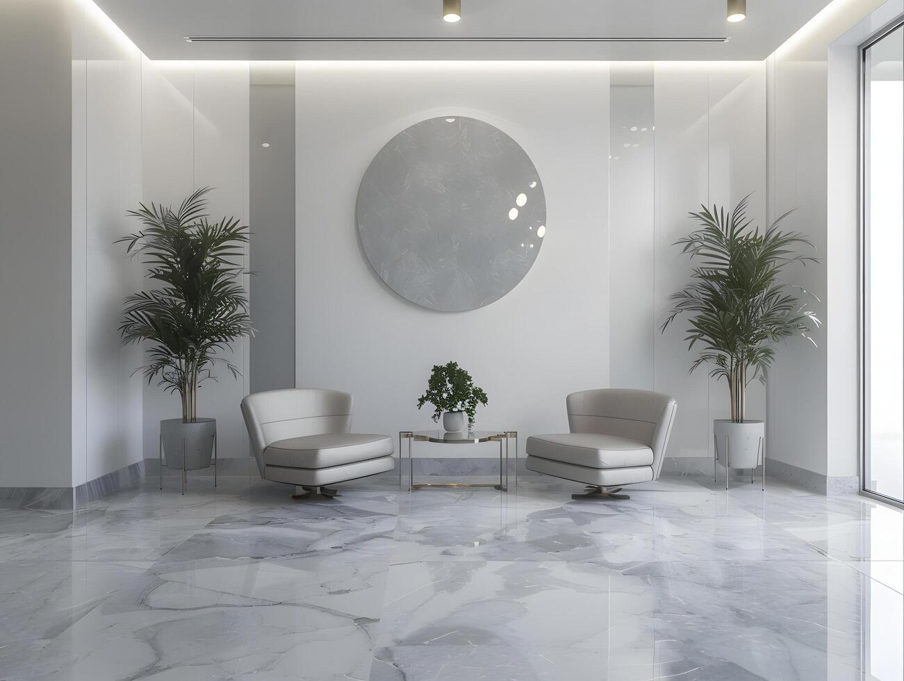 A marble floor with white walls and a round table photo